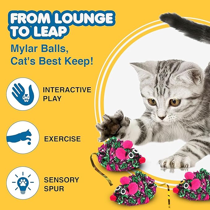 SunGrow 12 Pack Cat Crinkle Mice, 6x1.5 Inch Mice for Indoors, Keep Your Feline Energetic & Excited with Vibrant Colors, Lightweight Design for Long-Lasting Fun, Perfect for Playtime