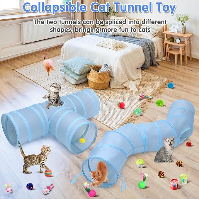 Wettarn 22 Pieces Cat Toys Set, with 2 Collapsible Cat Tunnels for Indoor Cats and 20 Kitten Toys Cat Tubes and Tunnels Interactive Cat Feather Toy Mouse Crinkle Balls for Cats Puppies (Gray)