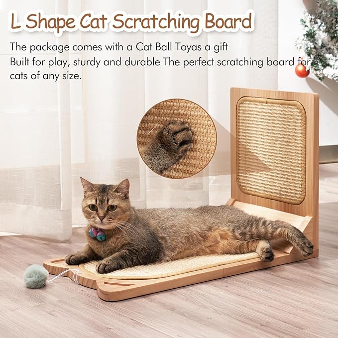 L Shaped Cat Scratcher, LitaiL Cat Scratching Post with Ball Toy, Sisal Cat Scratch Pad, Protecting Furnsiture Cat Scratching for Indoor, Large Size Cat Scratcher for Cats