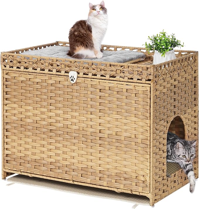 Cat Litter Box Enclosure with Soft Litter Mat; Hidden Cat Washroom Furniture with Door; Handwoven Rattan Cat House with Large Space; Pet Crate for Living Room, Bedroom, Balcony (Natural)