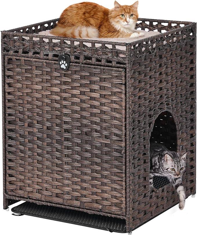 Cat Litter Box Enclosure with Soft Litter Mat; Hidden Cat Washroom Furniture with Door; Handwoven Rattan Cat House; Pet Crate for Living Room, Bedroom, Balcony (Brown)