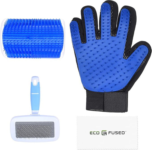 Eco-Fused Brush Kit for Cats - 1x Cat Self Groomer, 1x Blue Slicker Brush, 1 Pet Grooming Glove (Right Hand) - Long and Short Fur - DIY Grooming Tools for Pets - Pet Mitt, Wide Comb and Corner Groomer