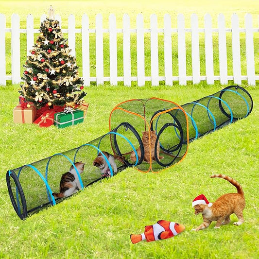Cat Play Tunnel + Cube(with Three Ways) for Indoor and Outdoor, Cat Play House, Cat Enclosures, Collapsible Cat Cube, Tunnel, Cat Toys Easy to Connect with Cat Tent（2 Tunnels + Cube ）