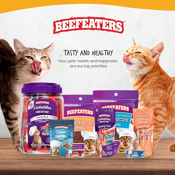 Beefeaters Cat Treats - Variety Pack Lickable Puree 48ct | Cat Food Salmon, Tuna, Chicken | Grain-Free, Taurine-Enriched | Training Treats - Interactive Feeding | Wet/Dry Food