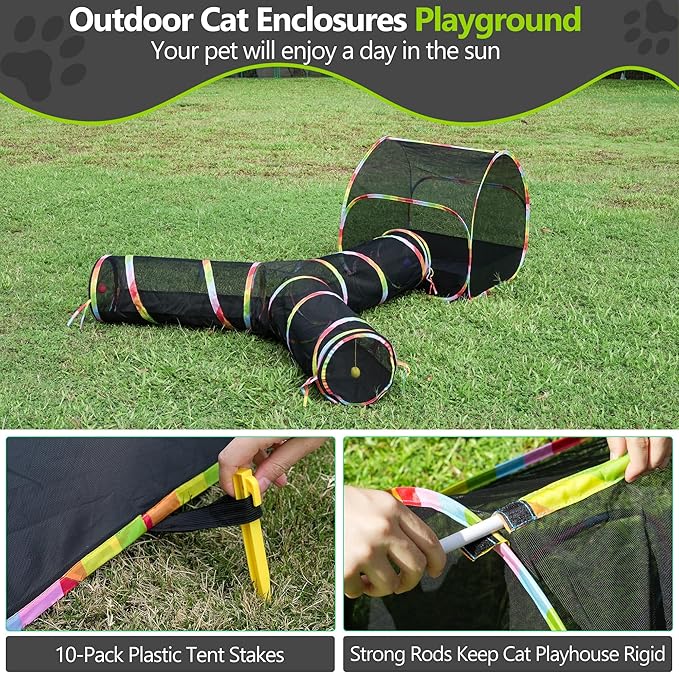 Outdoor Cat Enclosures Playground with Cat Toy Balls, Portable Cat Playpen Enclosed for Indoor Cats Includes 3 Way Cat Tunnel+Cat Tent+Pet Playhouse, Cat Outdoor Enclosure for Small Animals