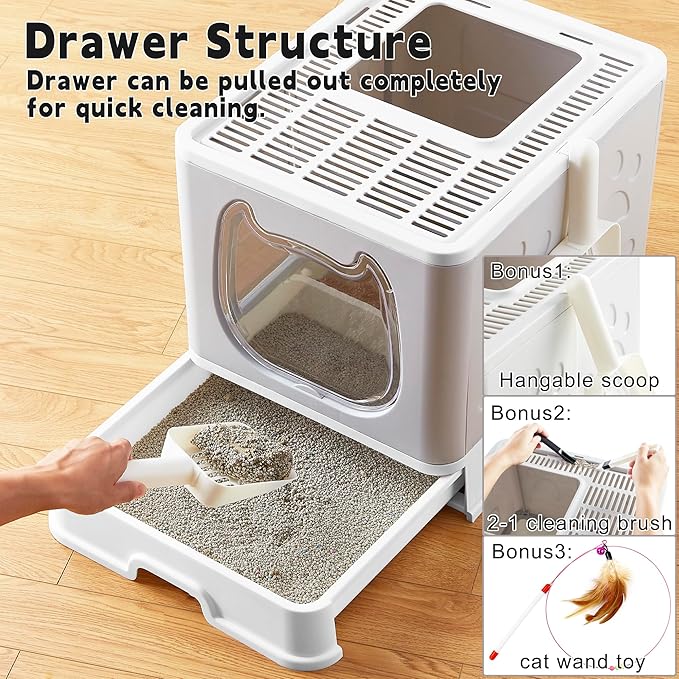 Gefryco Cat Litter Box with Lid, Top Entry Litter Box with Controlled Access, Covered Enclosed Cat Potty Odor Control, Kitten Litter Box for Small to Medium Cats, Scoop and Clean Brush Included(Grey)
