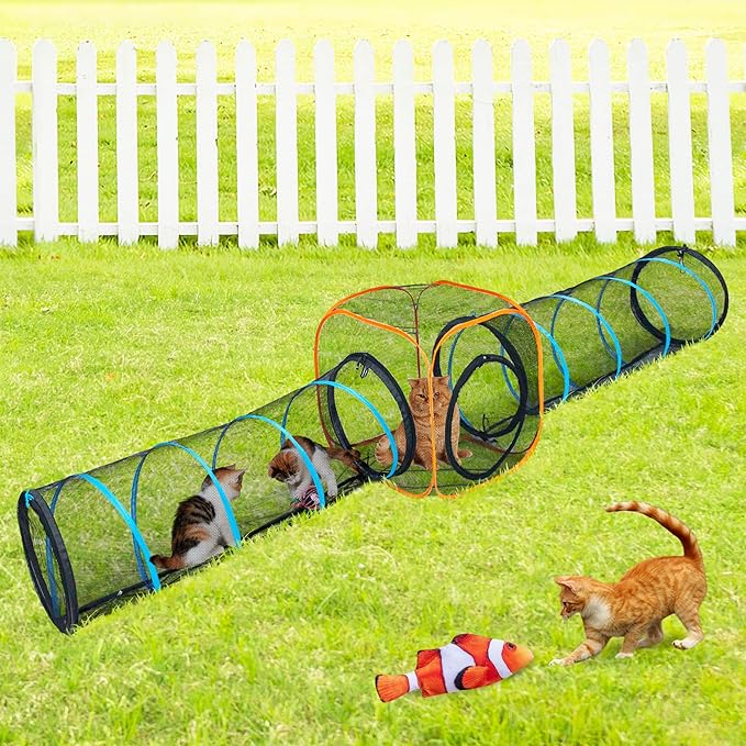 Cat Play Tunnel + Cube(with Three Ways) for Indoor and Outdoor, Cat Play House, Cat Enclosures, Collapsible Cat Cube, Tunnel, Cat Toys Easy to Connect with Cat Tent（2 Tunnels + Cube ）