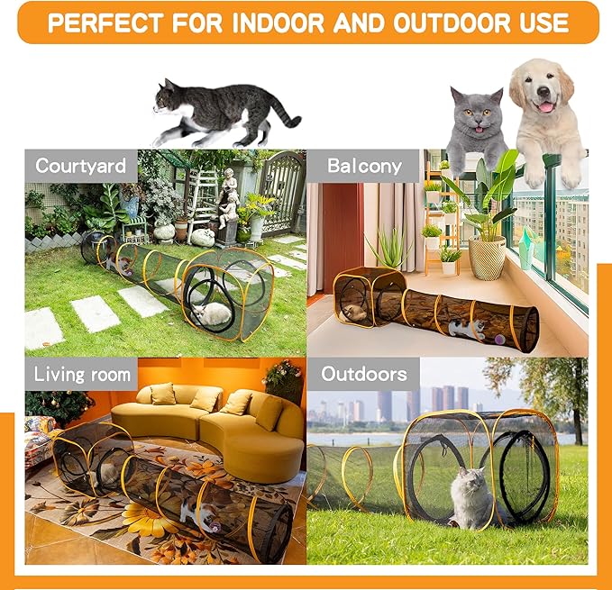 Cat Play Tunnel + Cube(with Three Ways) for Indoor and Outdoor, Cat Play House, Cat Enclosures, Collapsible Cat Cube, Tunnel, Cat Toys Easy to Connect with Cat Tent
