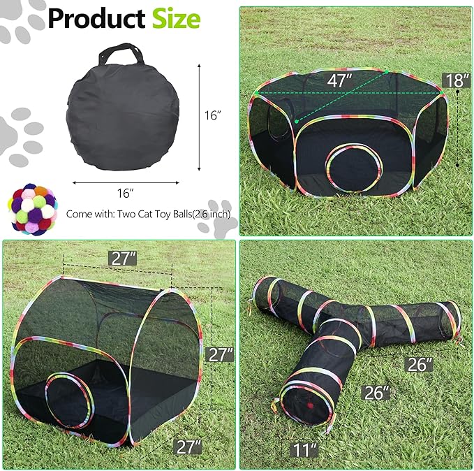 Outdoor Cat Enclosures Playground with Cat Toy Balls, Portable Cat Playpen Enclosed for Indoor Cats Includes 3 Way Cat Tunnel+Cat Tent+Pet Playhouse, Cat Outdoor Enclosure for Small Animals