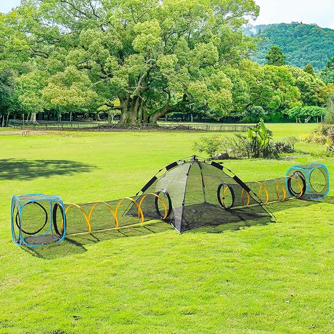 Cat Play Tunnel + Cube(with Three Ways) for Indoor and Outdoor, Cat Play House, Cat Enclosures, Collapsible Cat Cube, Tunnel, Cat Toys Easy to Connect with Cat Tent（2 Cubes + Run Tunnel）
